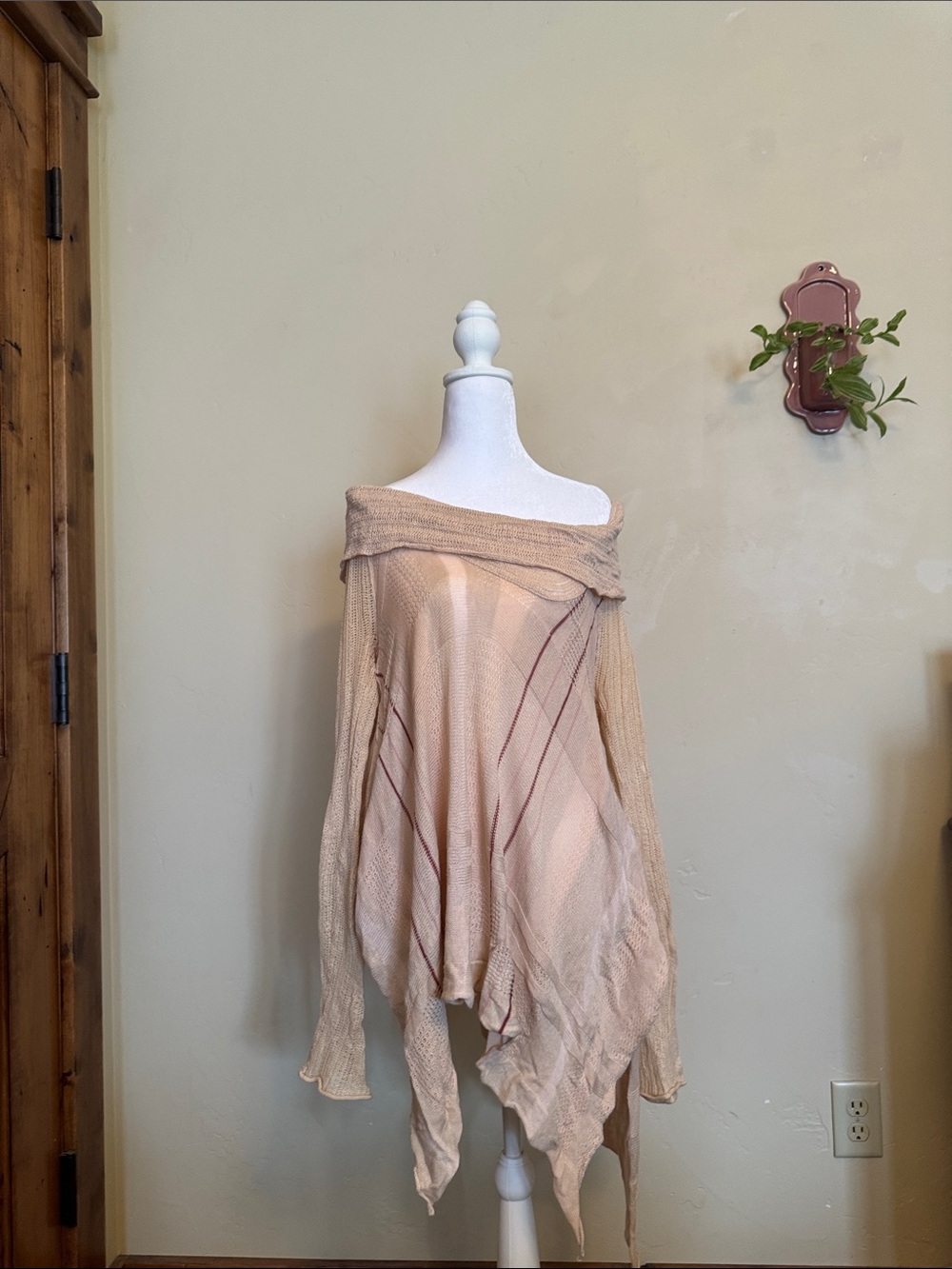 Free People Beige Off-Shoulder Draped Tunic with Subtle Stripes